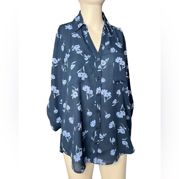 A. Byer Floral Button Down Blouse Two Tone Blue Size Medium - Picture 2 of 3